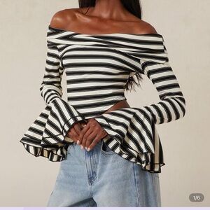 Striped Off-Shoulder Bell Sleeve Top- SHEIN top small wore once